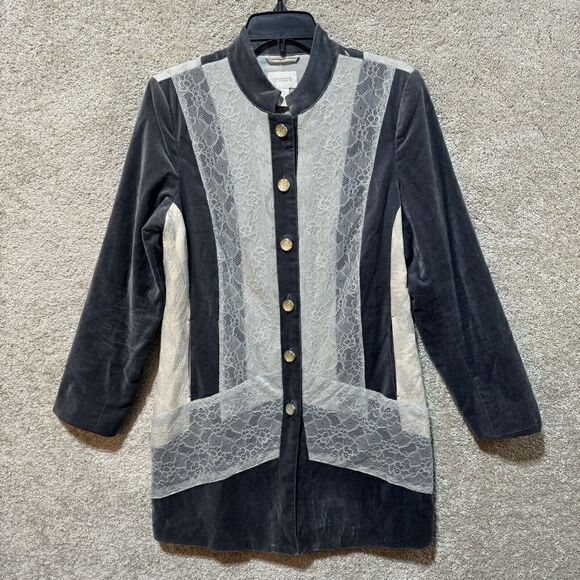 Chicos Military Long Jacket Size XS Gray White Floral Lace Crushed Velvet Button - Picture 1 of 14